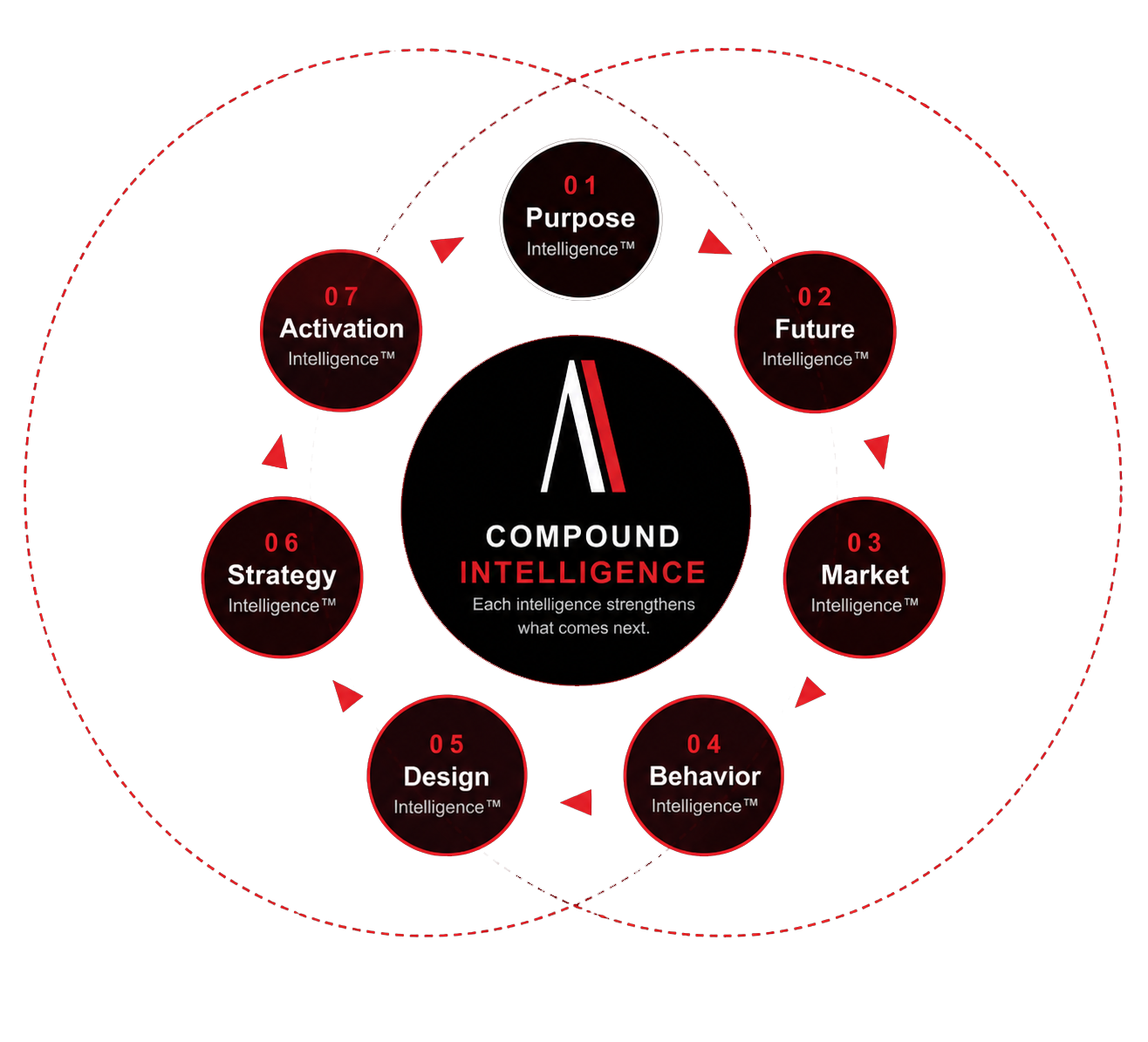 Compound Intelligence framework showing eight interconnected intelligences